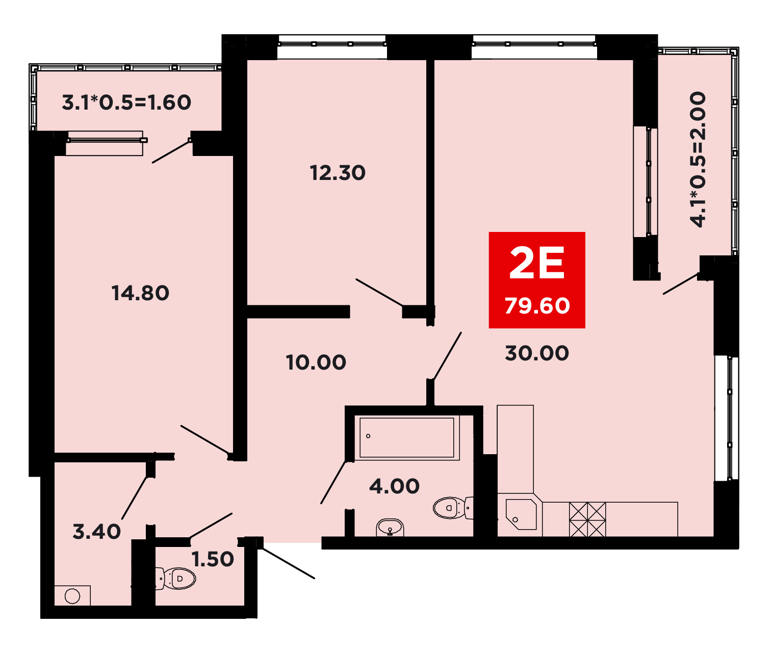 Планировка: 2-комн. квартира 79,6 м²