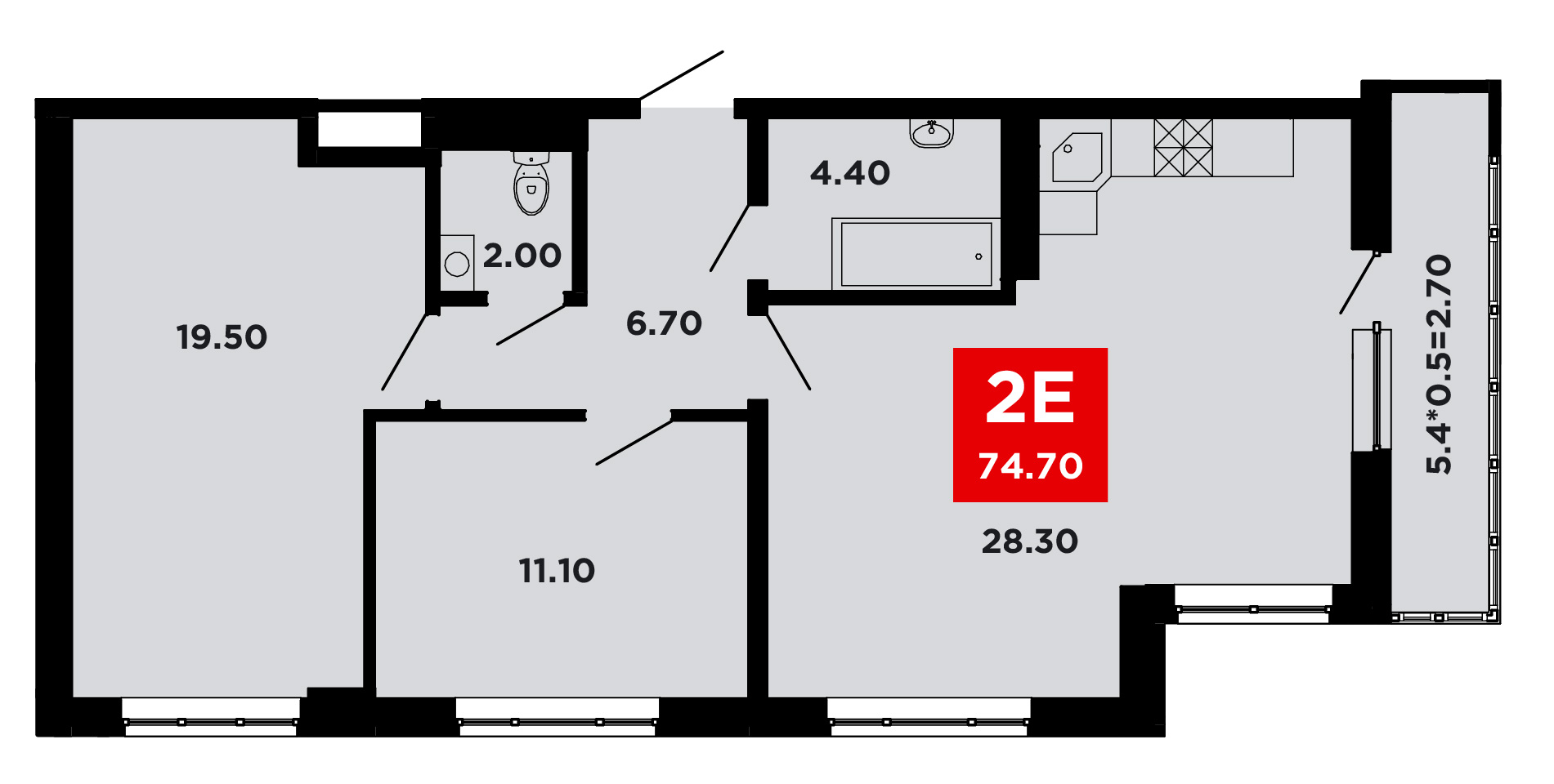 Планировка: 2-комн. квартира 74,6 м²