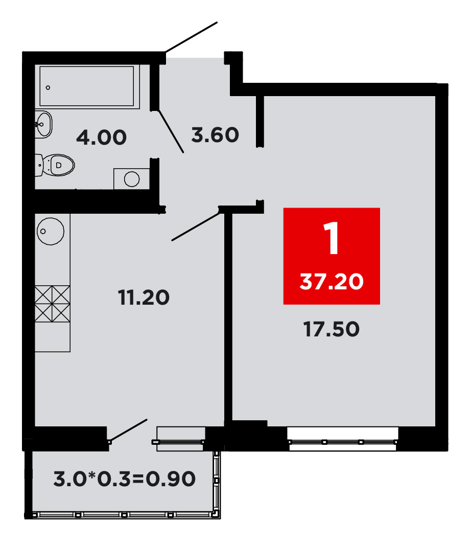 Планировка 1-комнатная 37,3 м²