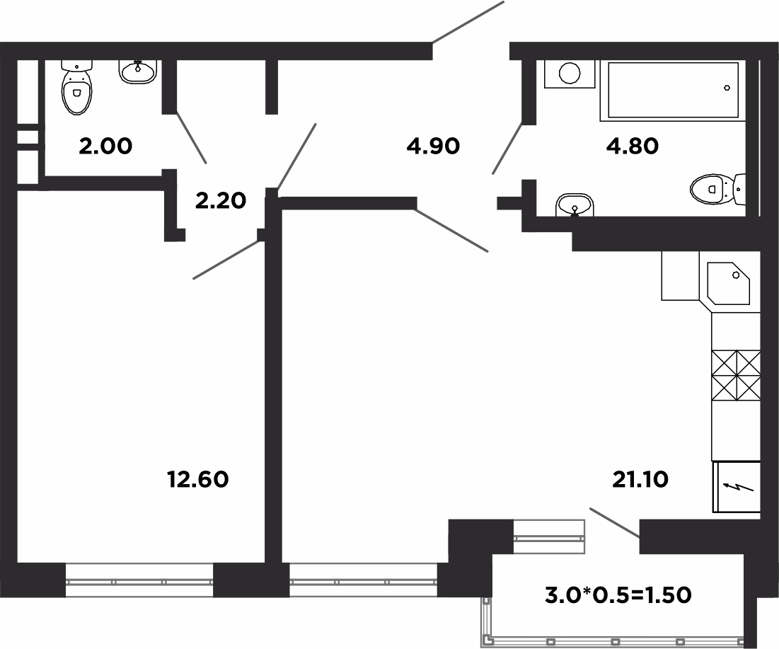 Планировка: 1-комн. квартира 49,5 м²