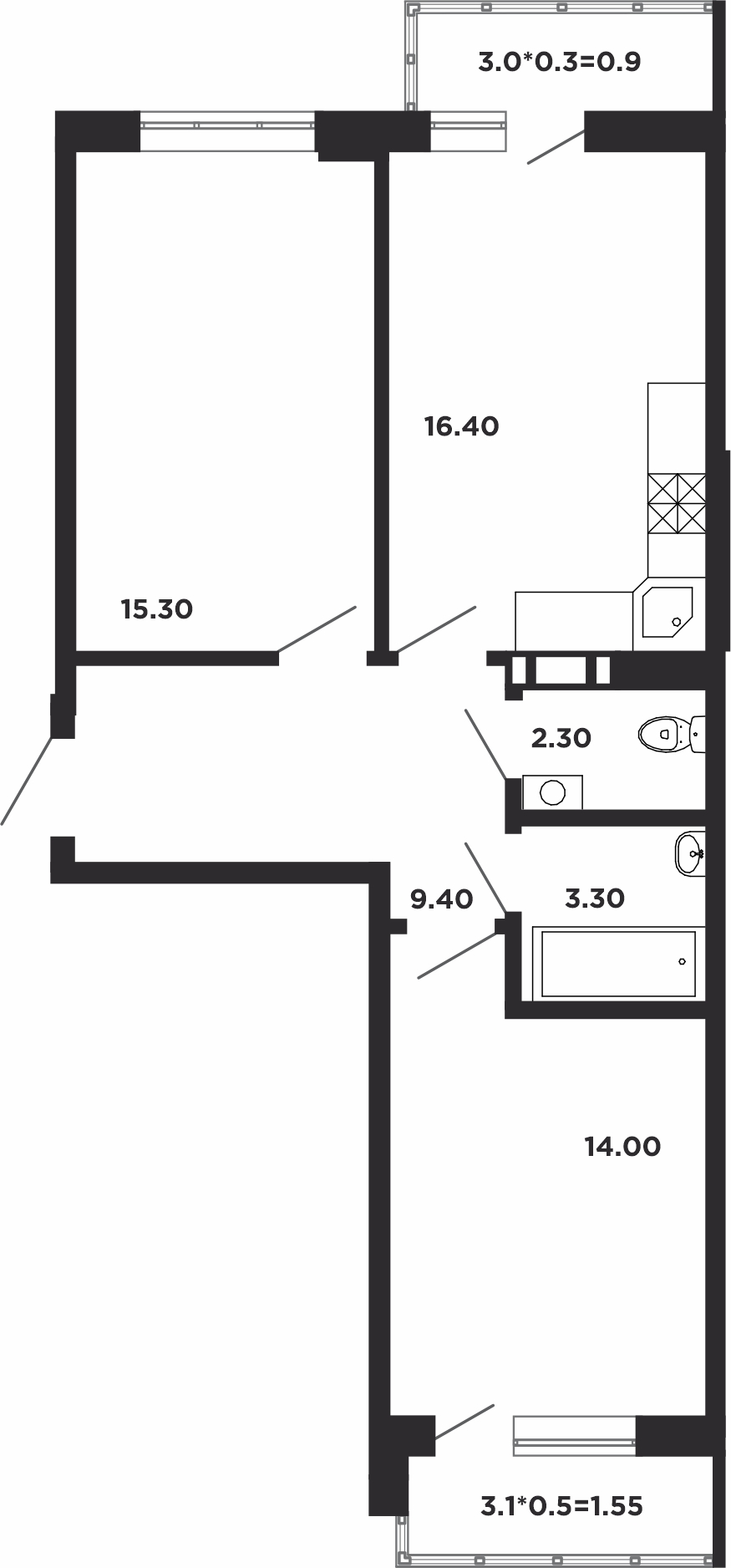 Планировка: 2-комн. квартира 63,8 м²
