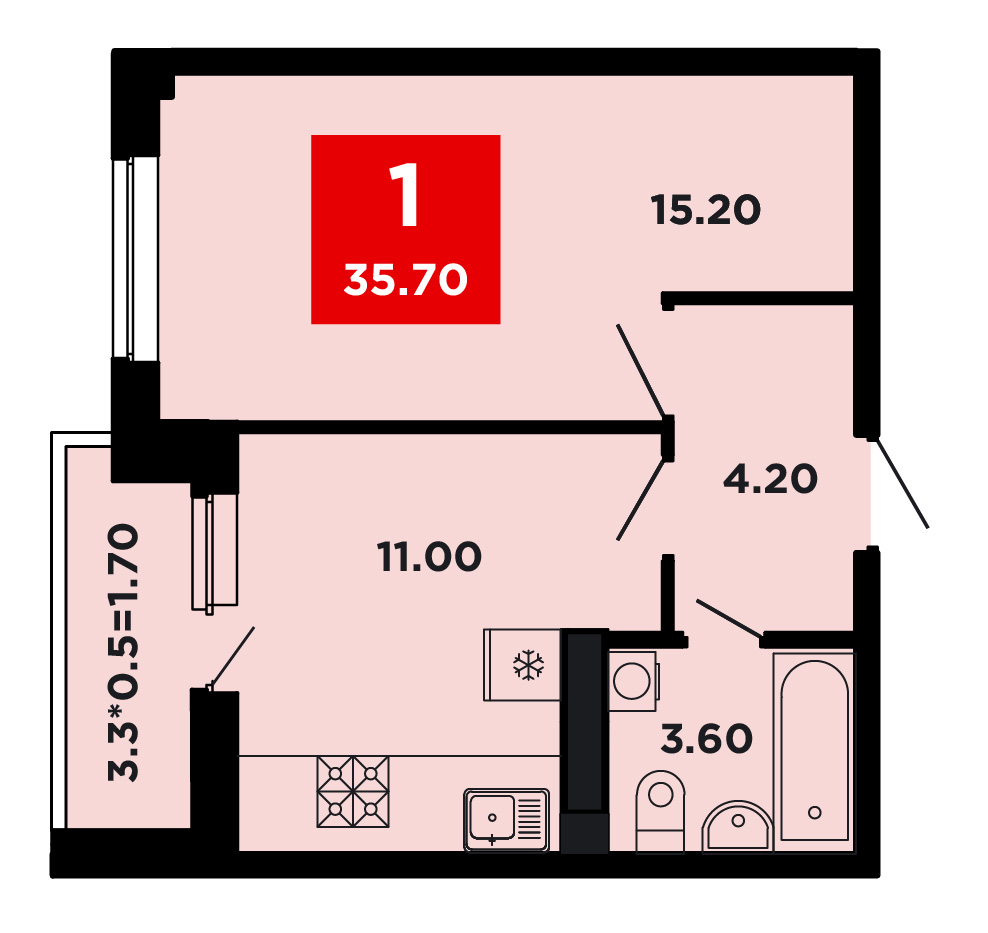 Планировка 1-комнатная 36 м²