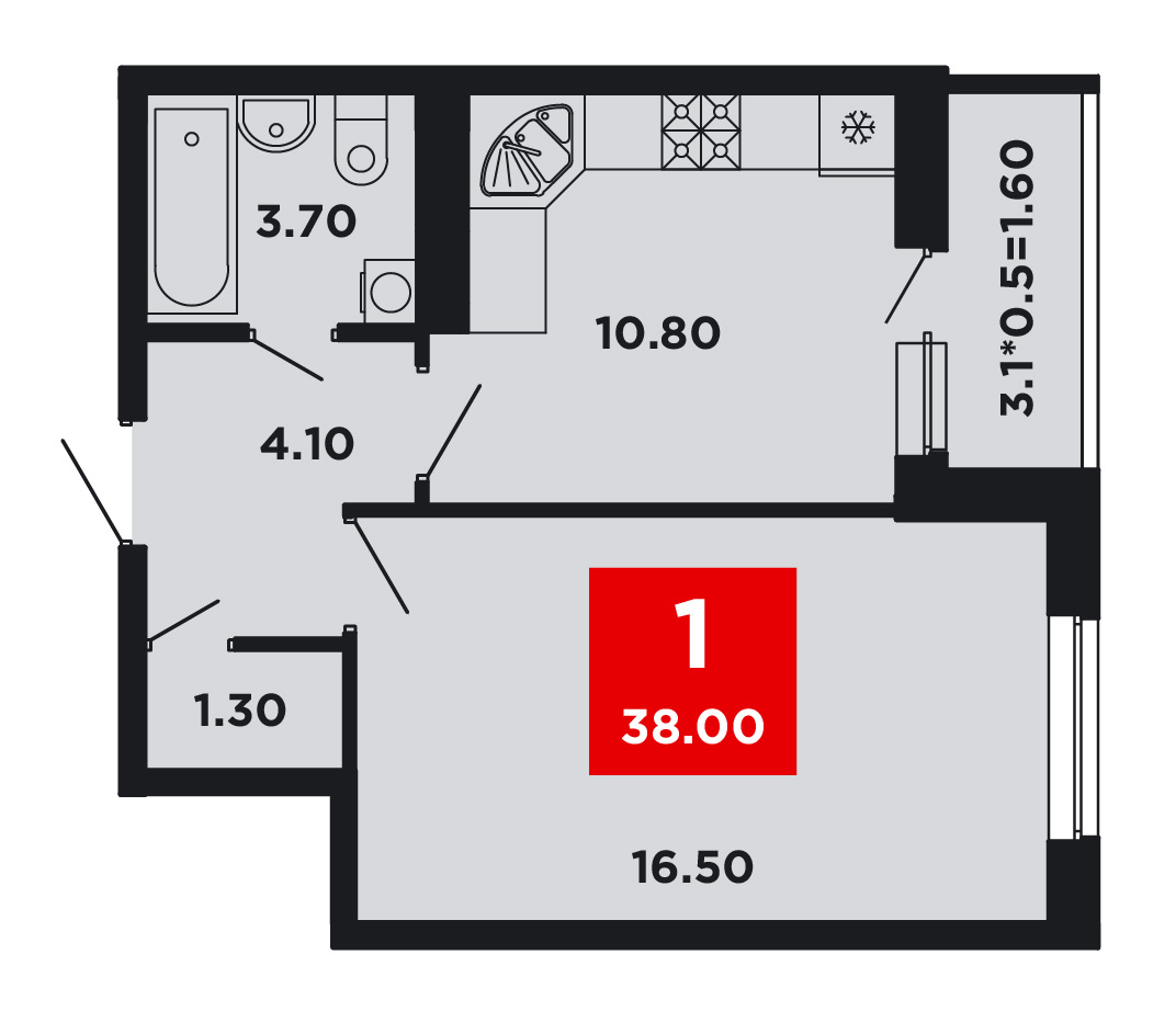 Планировка 1-комнатная 38,4 м²