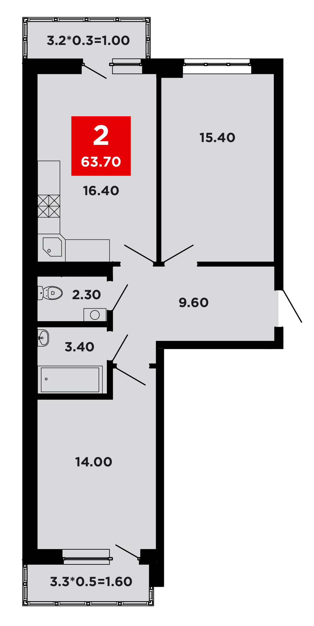 Планировка 2-комнатная 64 м²