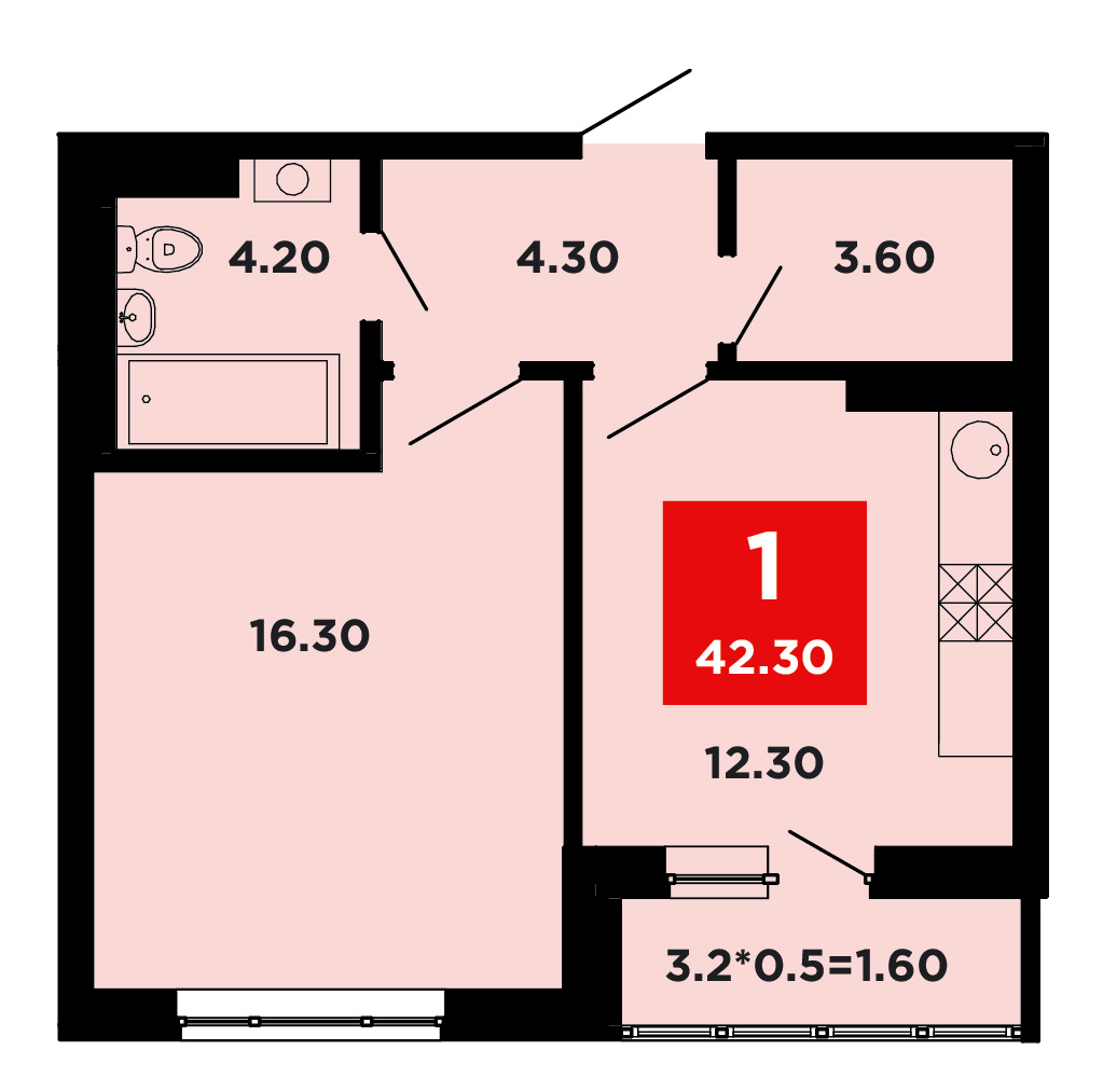 Планировка 1-комнатная 42,4 м²