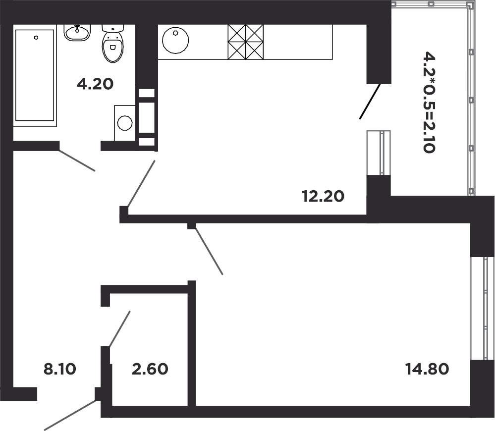 Планировка 1-комнатная 44,1 м²