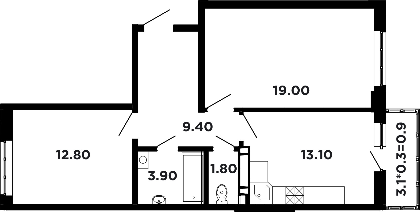 Планировка 2-комнатная 61 м²