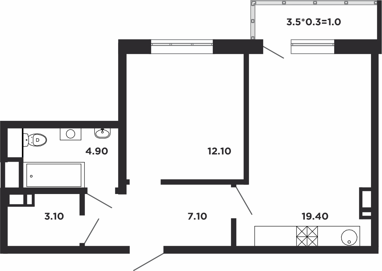 Планировка: 1-комн. квартира 47,8 м²
