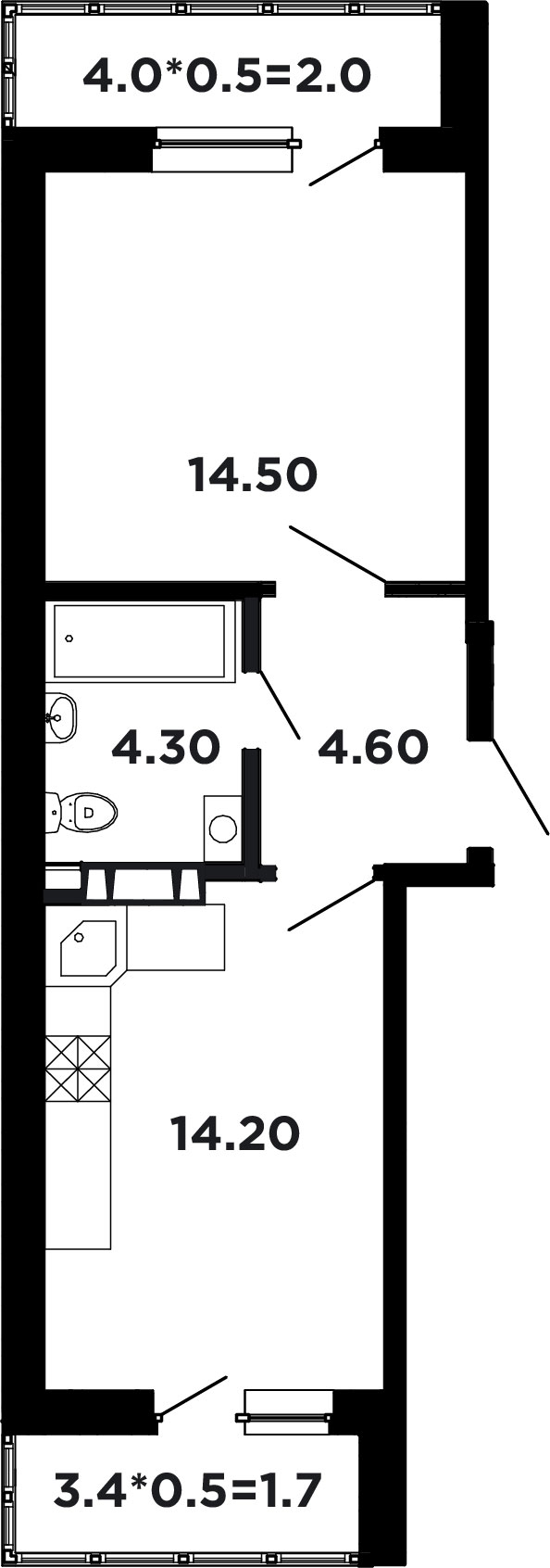 Планировка: 1-комн. квартира 44,6 м²
