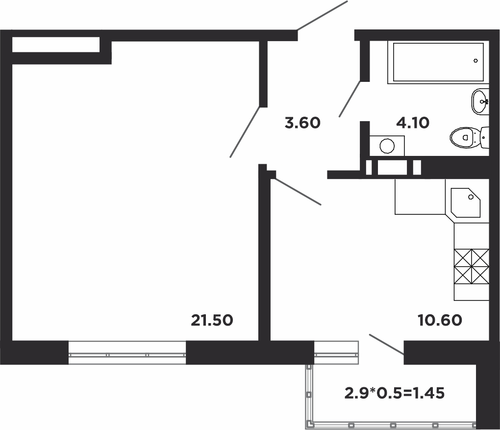 Планировка 1-комнатная 41,4 м²