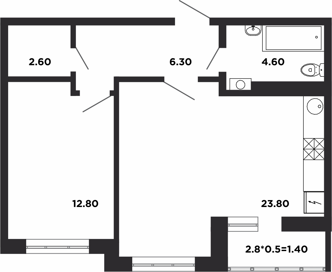 Планировка: 1-комн. квартира 52 м²