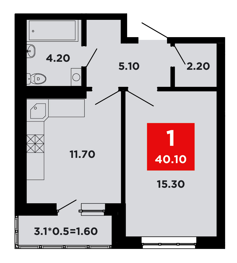 Планировка: 1-комн. квартира 40,1 м²