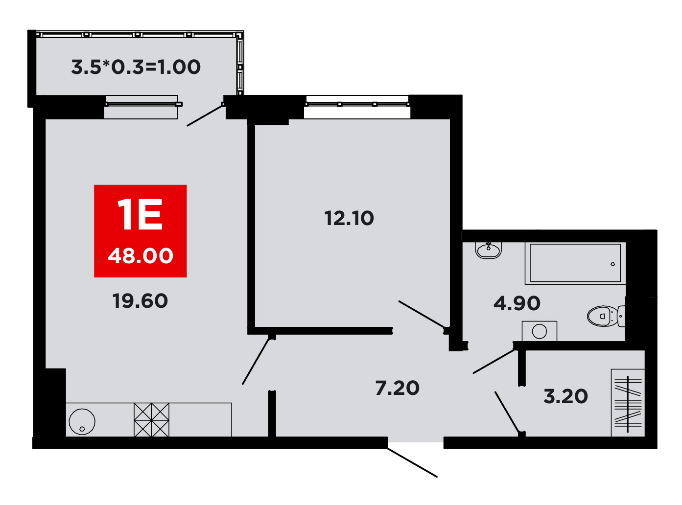 Планировка 1-комнатная 48,1 м²