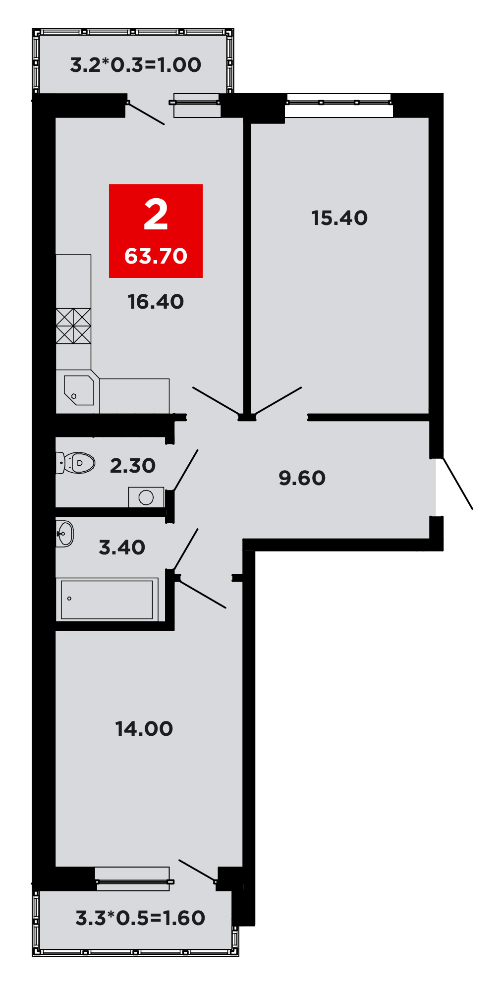 Планировка 2-комнатная 63,6 м²