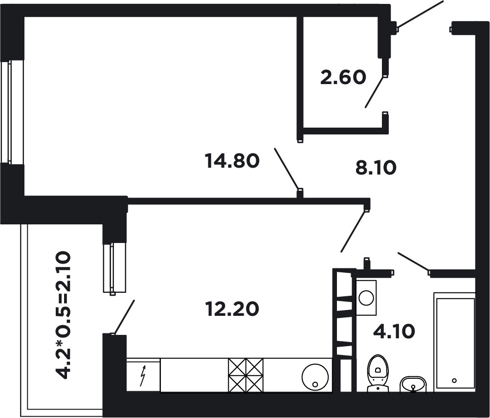 Планировка: 1-комн. квартира 44,6 м²