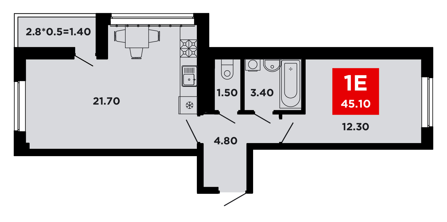 Планировка 1-комнатная 45,6 м²