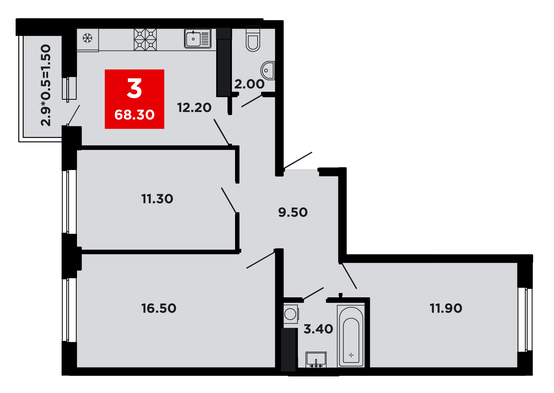 Планировка 3-комнатная 68,7 м²