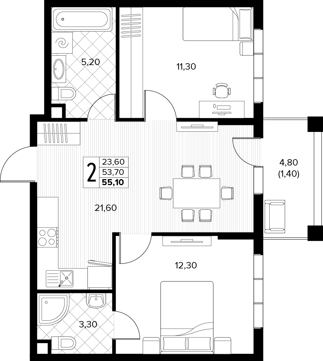 Планировка 2-комнатная 55,1 м²