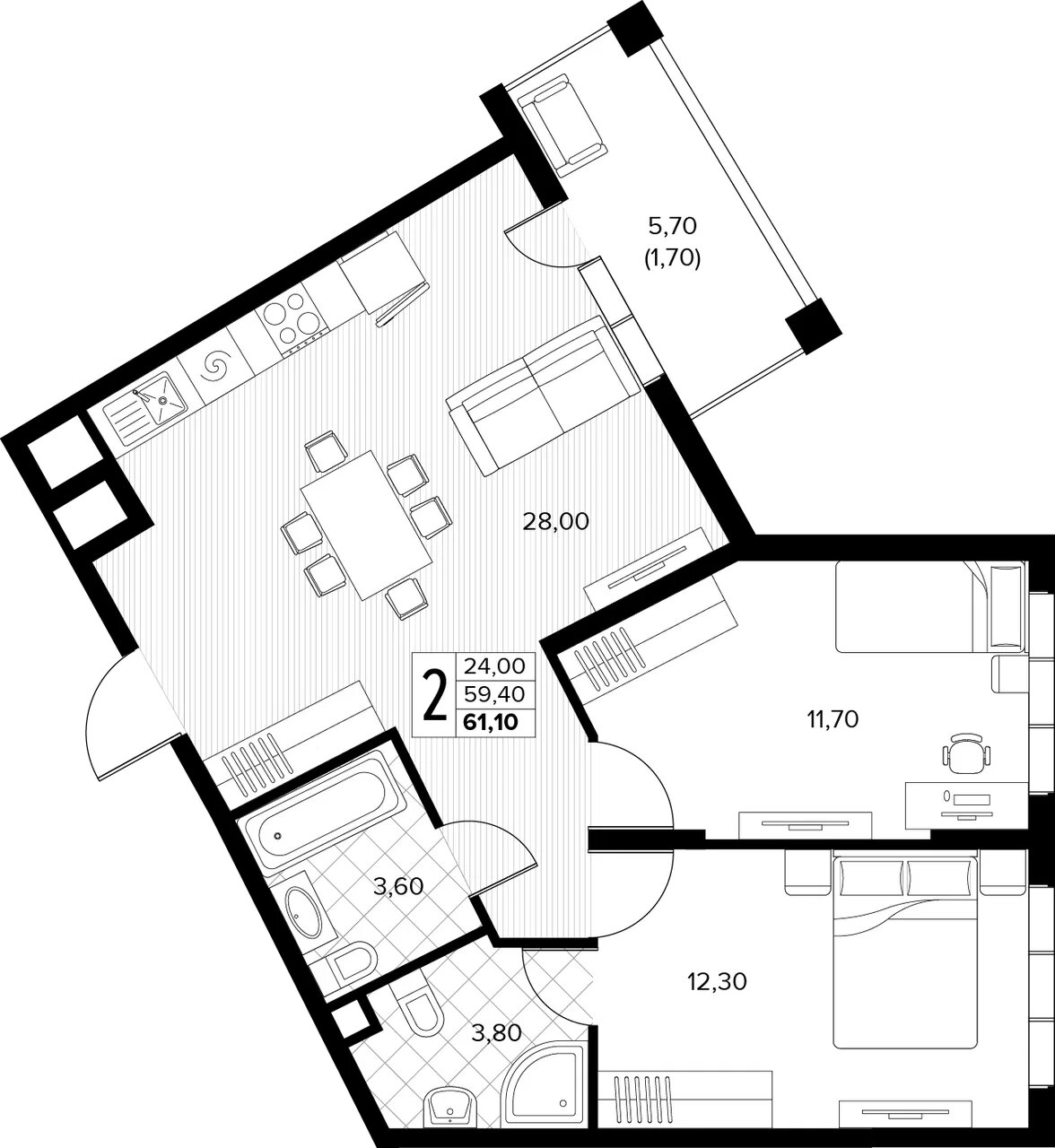 Планировка: 2-комн. квартира 61,1 м²