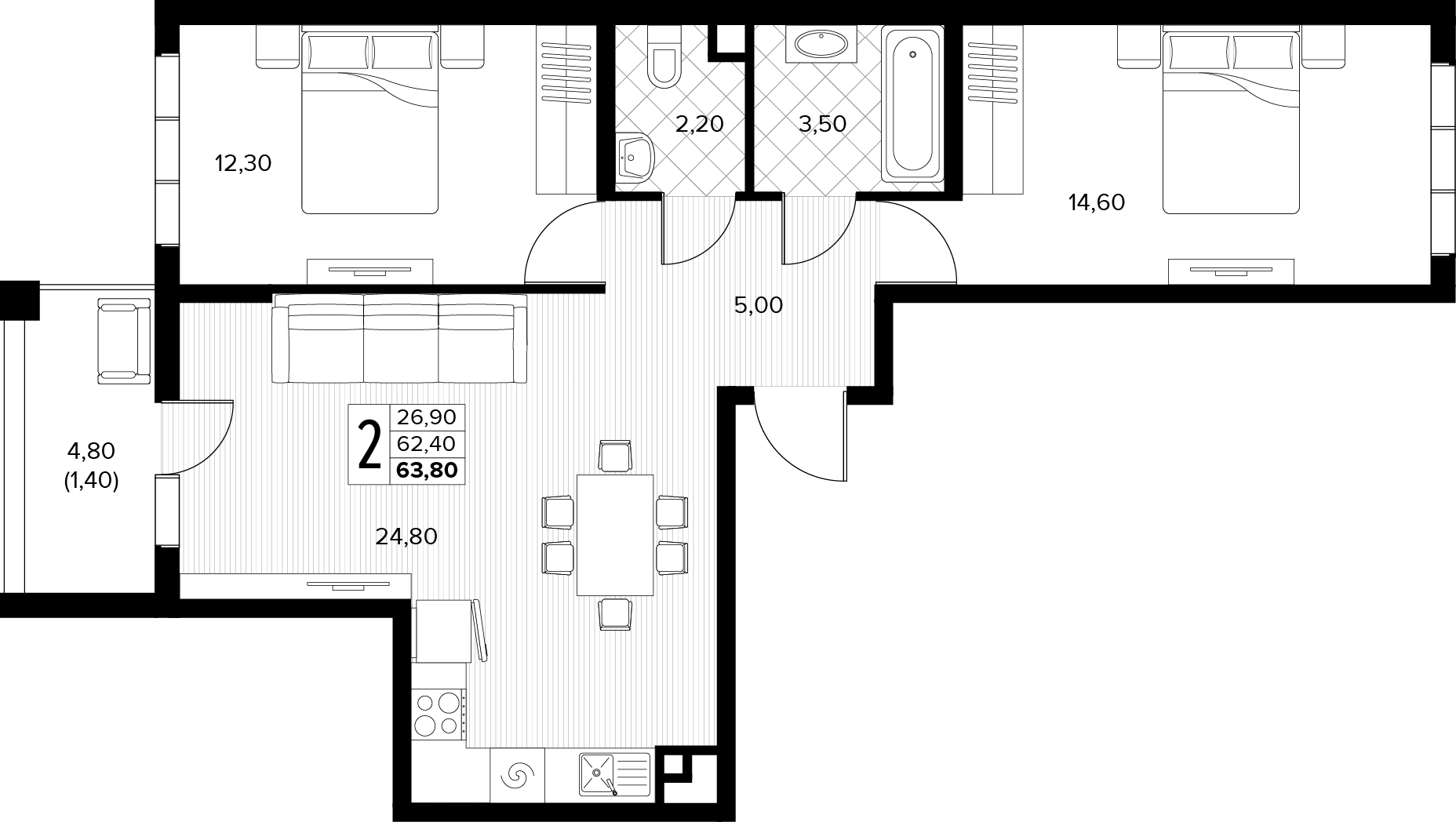 Планировка: 2-комн. квартира 63,8 м²