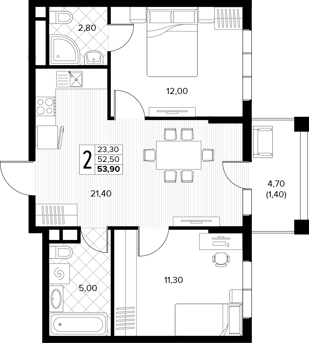 Планировка 2-комнатная 53,9 м²