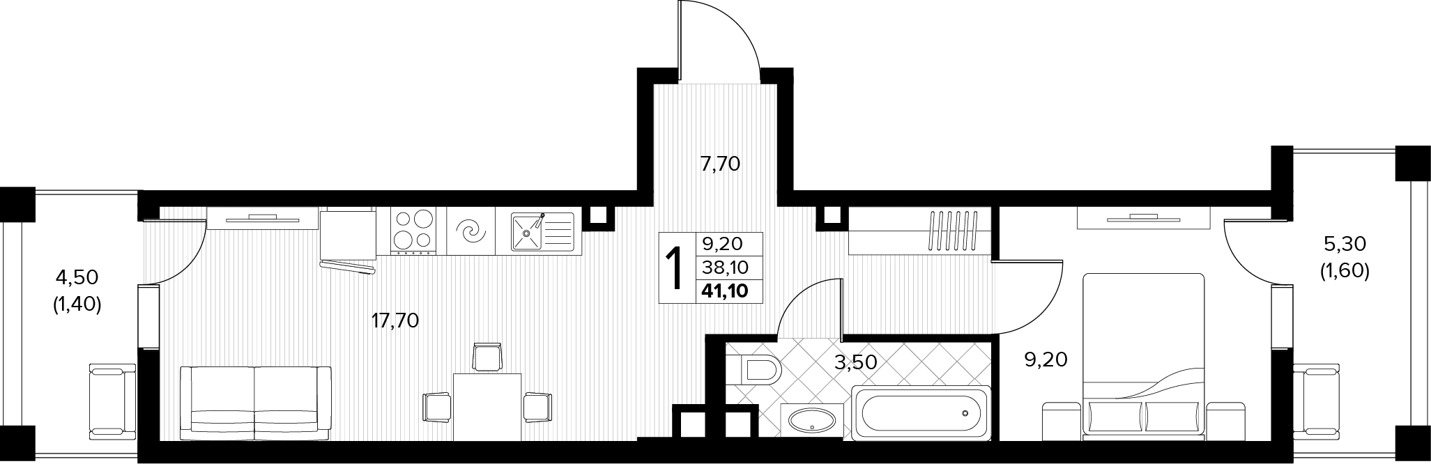 Планировка 1-комнатная 41,1 м²