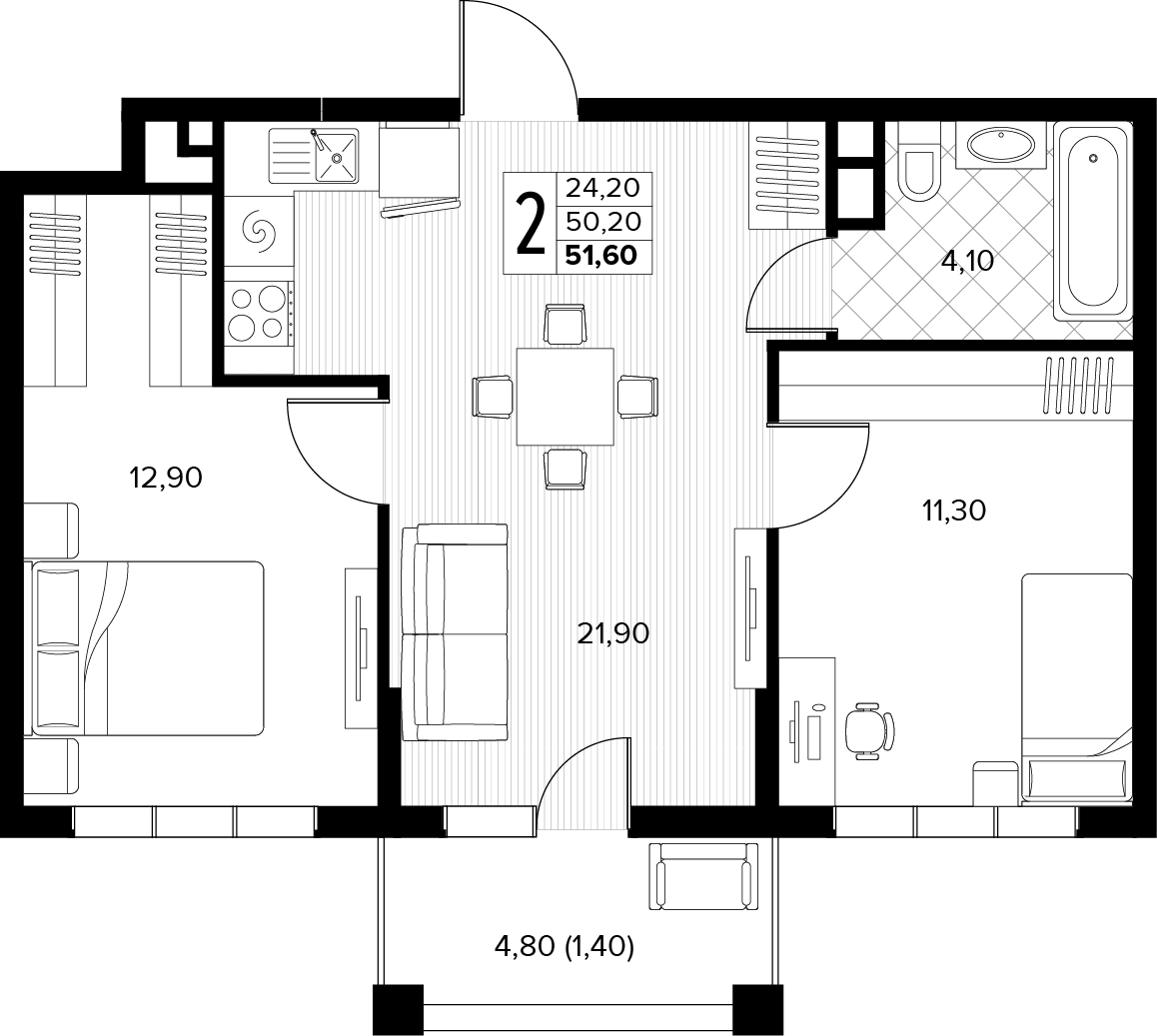 Планировка 2-комнатная 51,6 м²