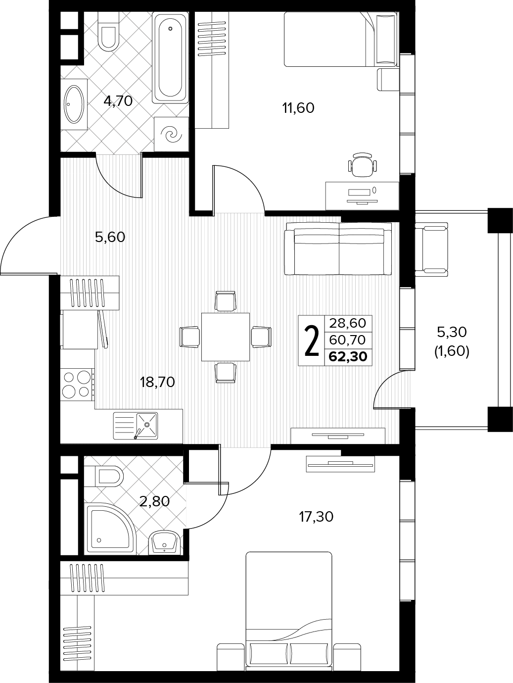 Планировка 2-комнатная 62,3 м²