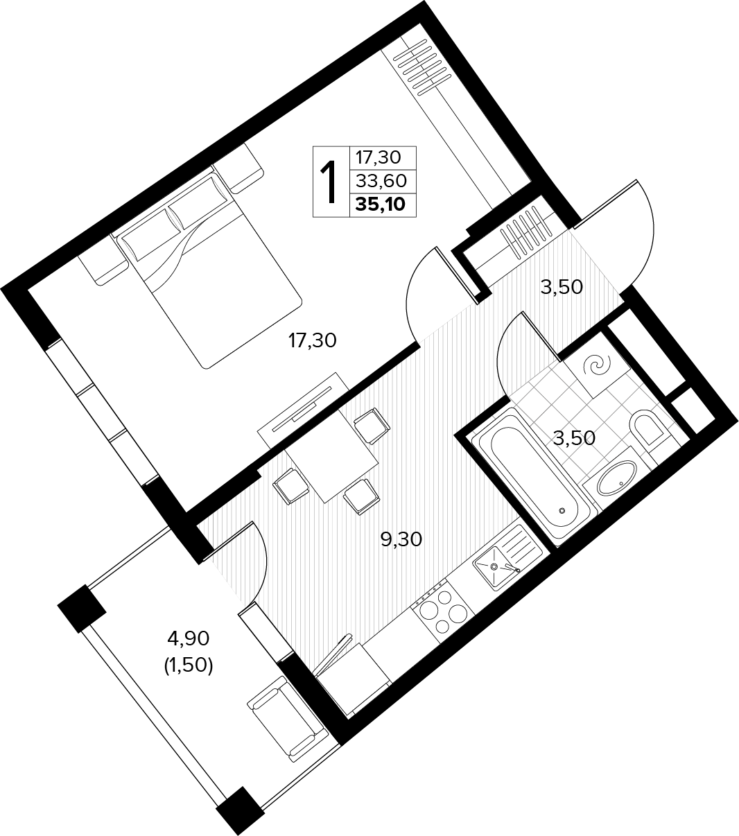 Планировка 1-комнатная 35,1 м²