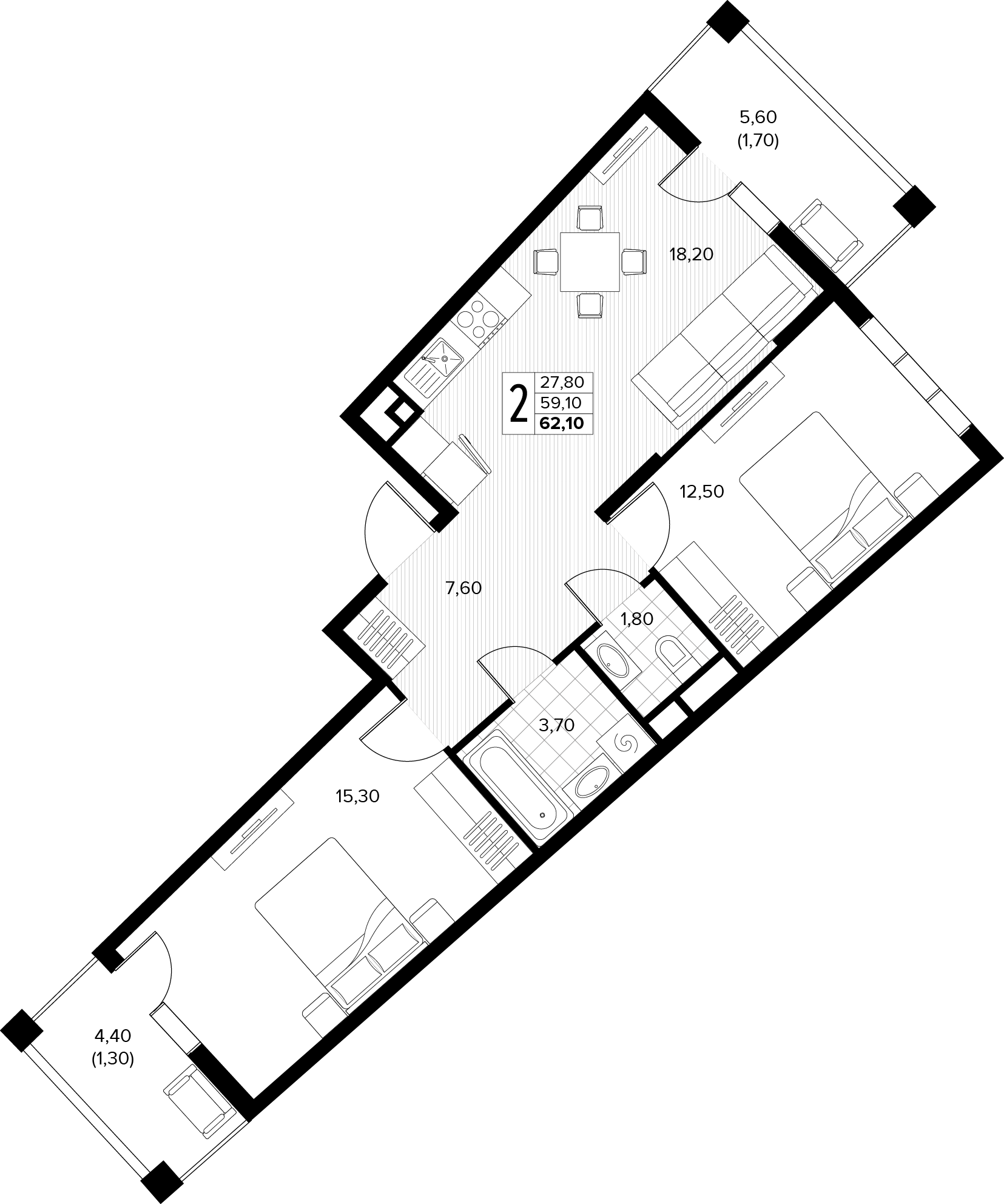 Планировка: 2-комн. квартира 62,1 м²