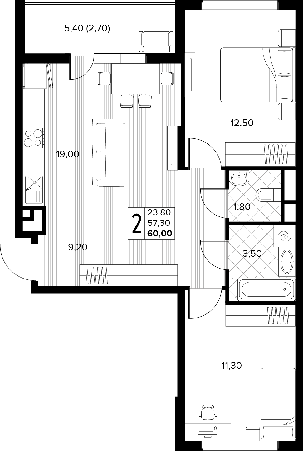 Планировка 2-комнатная 60 м²