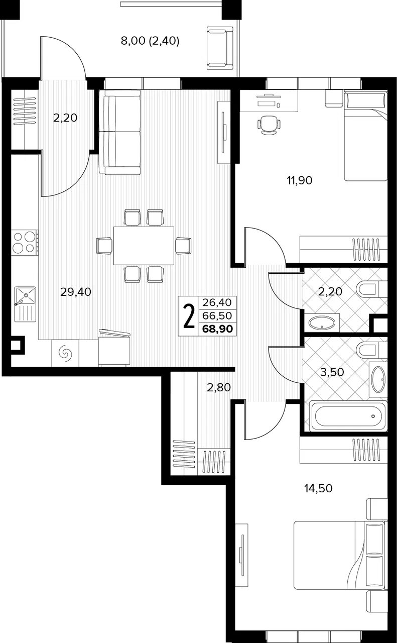 Планировка: 2-комн. квартира 68,9 м²