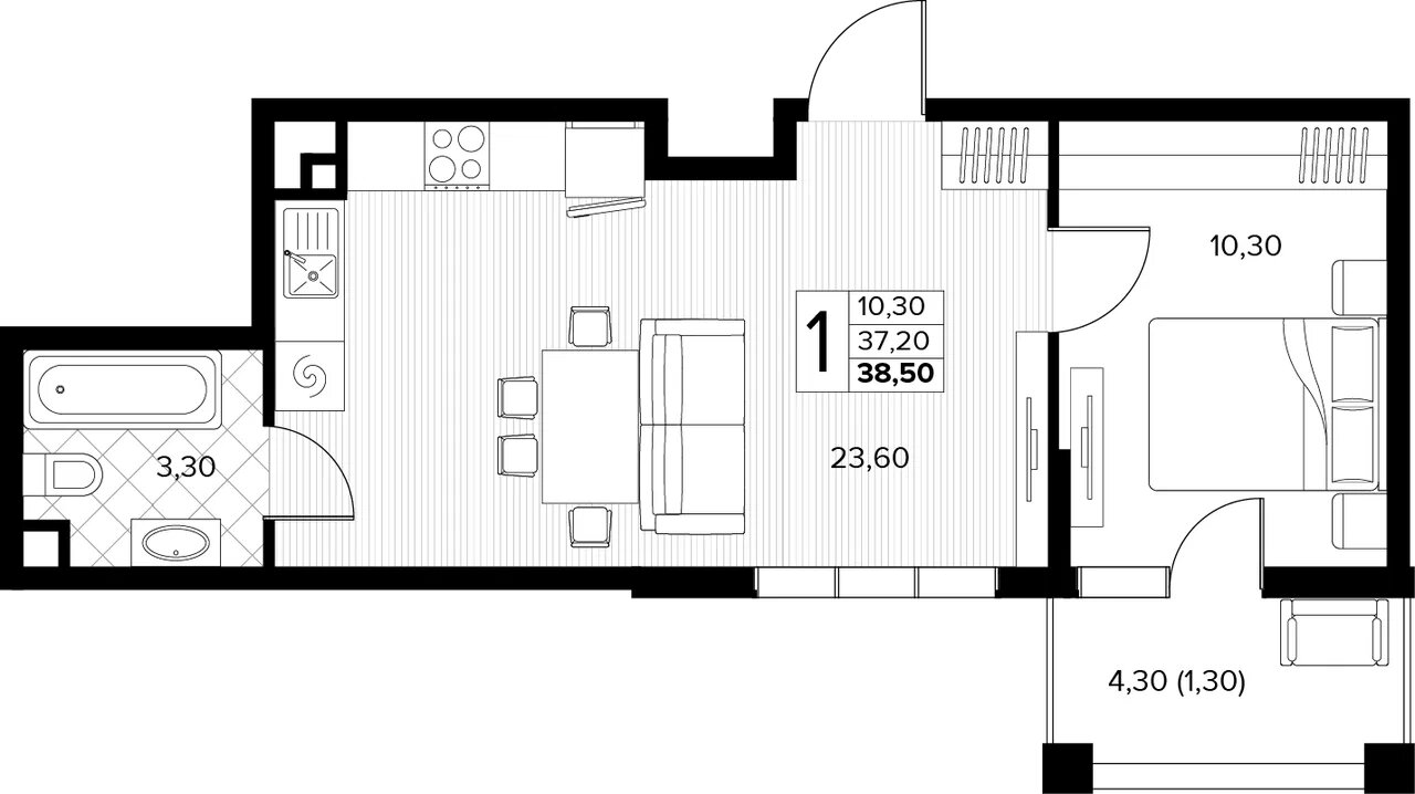 Планировка: 1-комн. квартира 38,5 м²