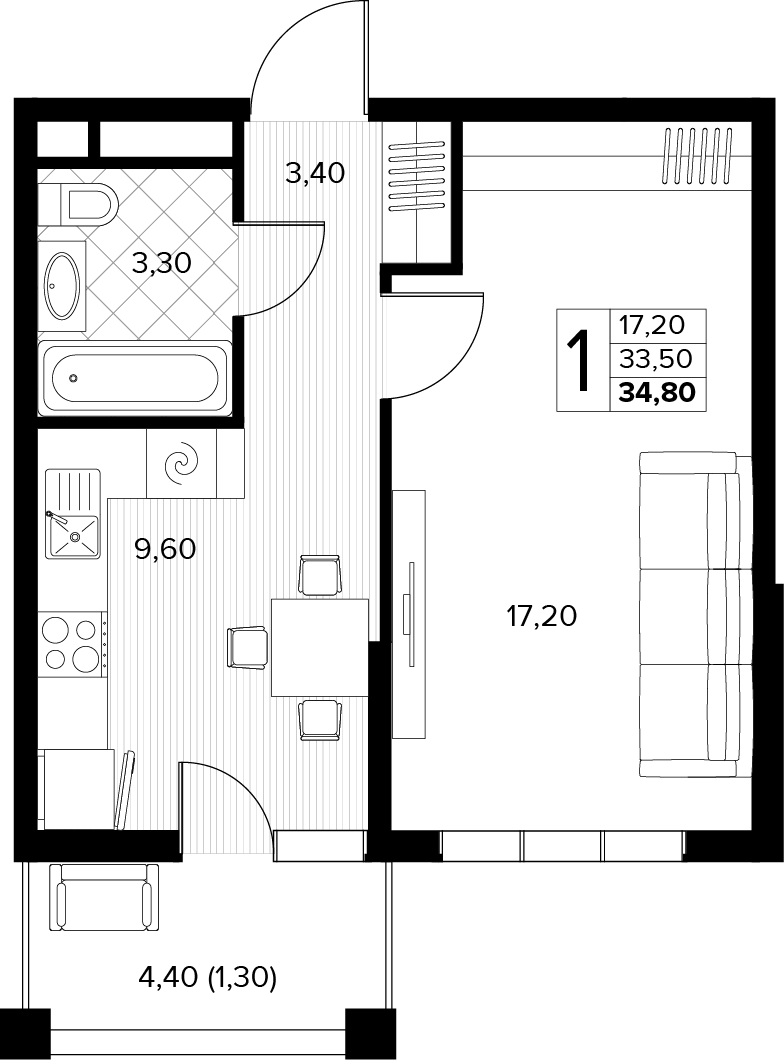 Планировка: 1-комн. квартира 34,8 м²