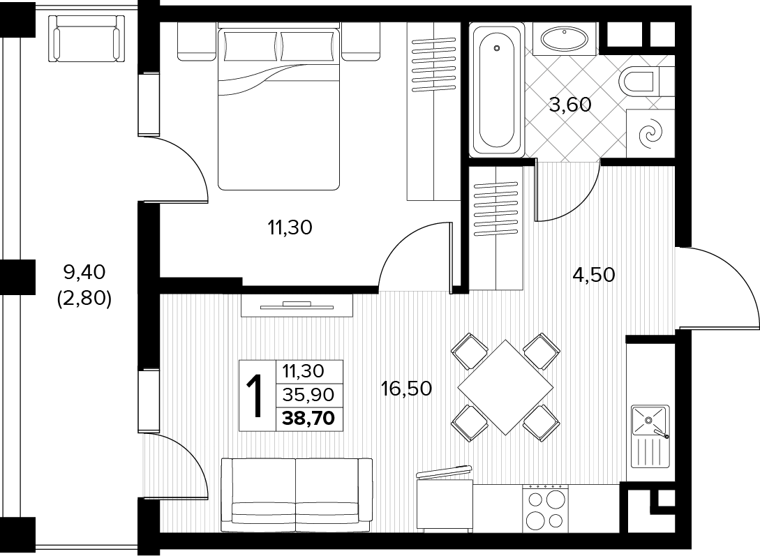 Планировка 1-комнатная 38,7 м²