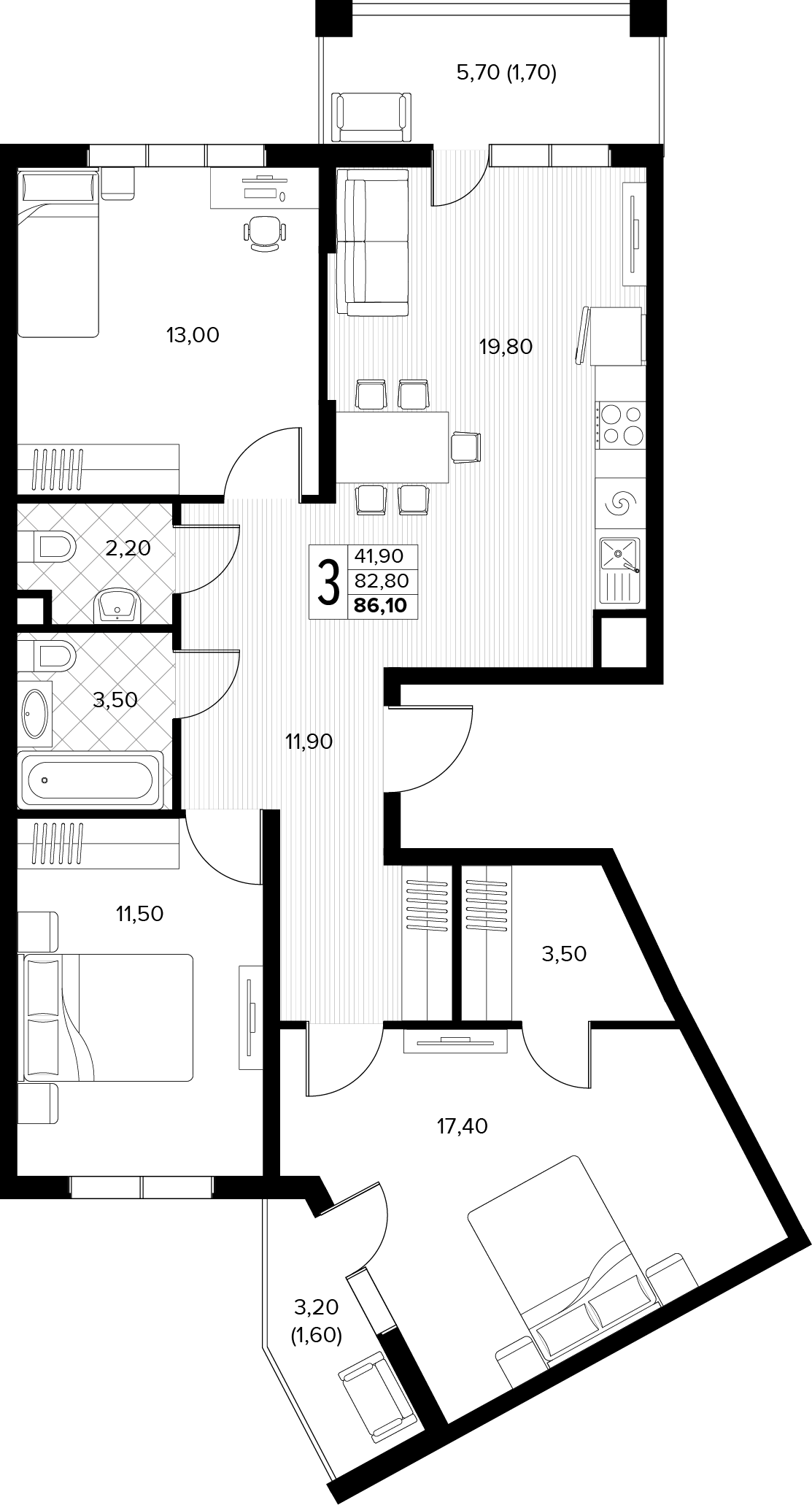 Планировка 3-комнатная 86,1 м²
