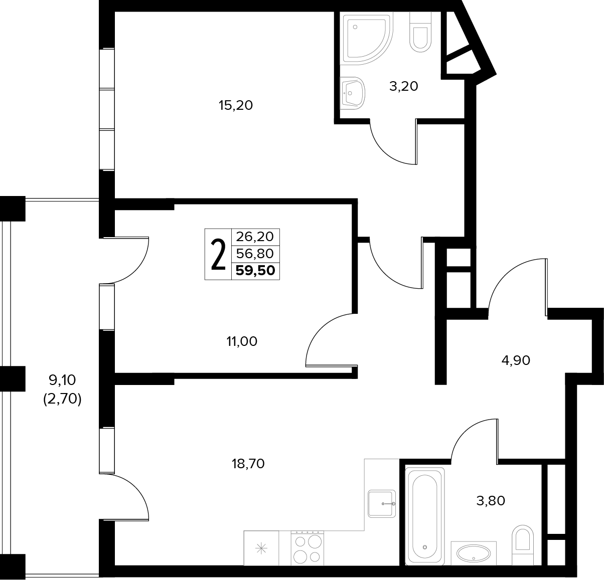 Планировка: 2-комн. квартира 59,5 м²