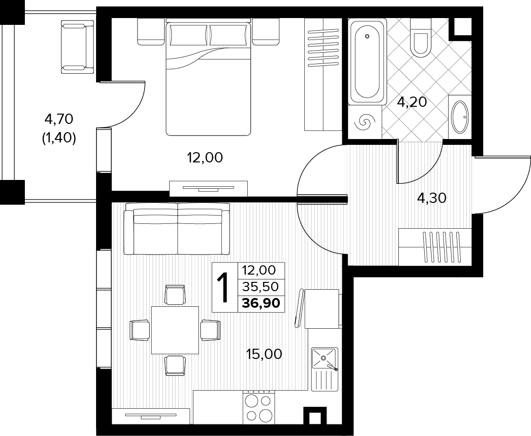 Планировка: 1-комн. квартира 36,9 м²