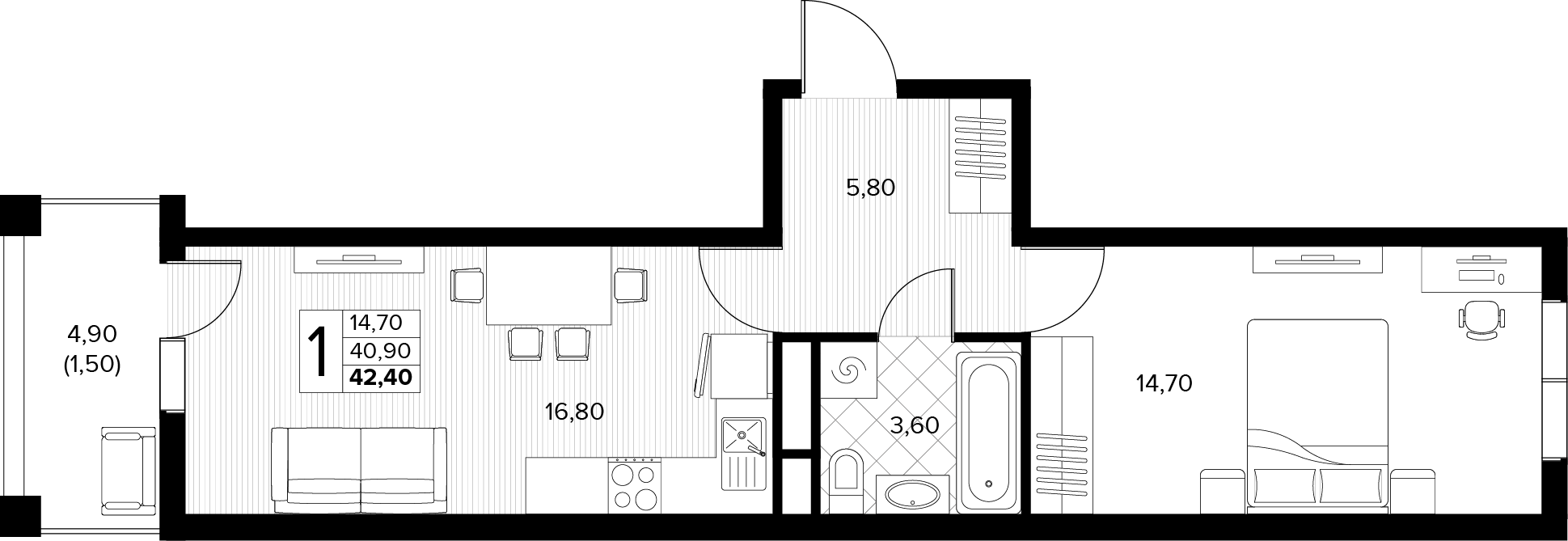 Планировка: 1-комн. квартира 42,4 м²