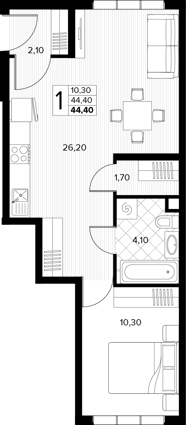 Планировка: 1-комн. квартира 44,4 м²