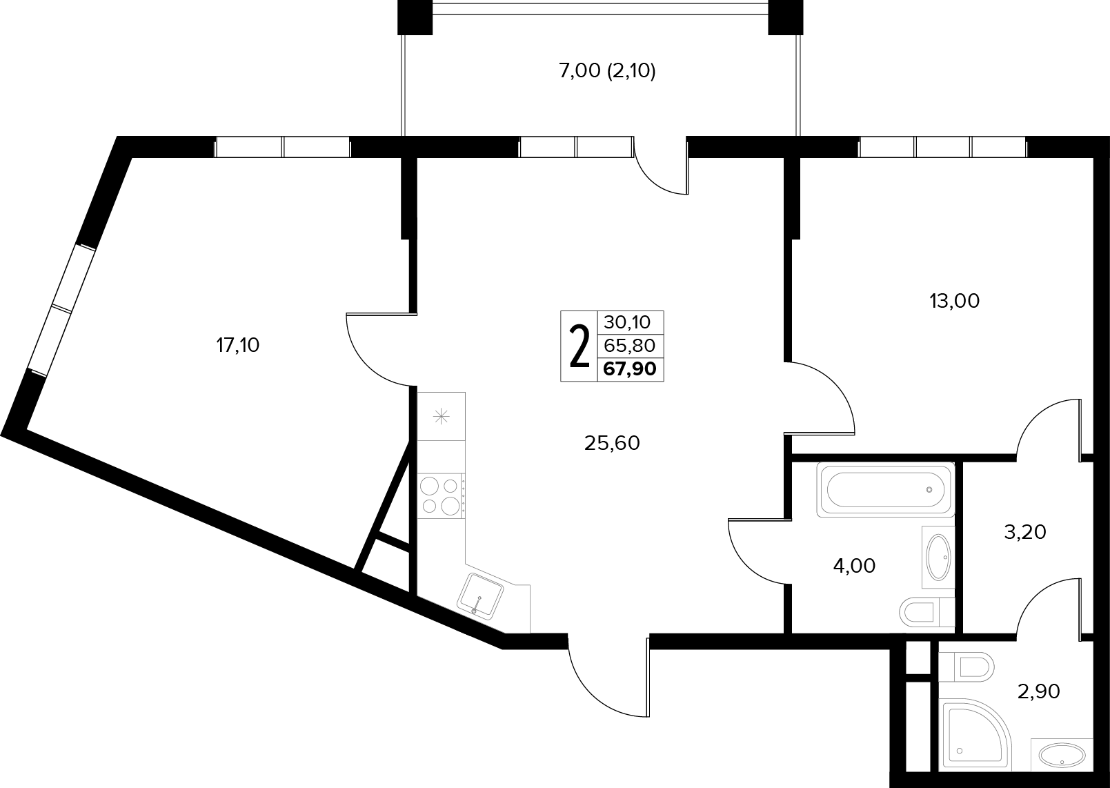 Планировка: 2-комн. квартира 67,9 м²