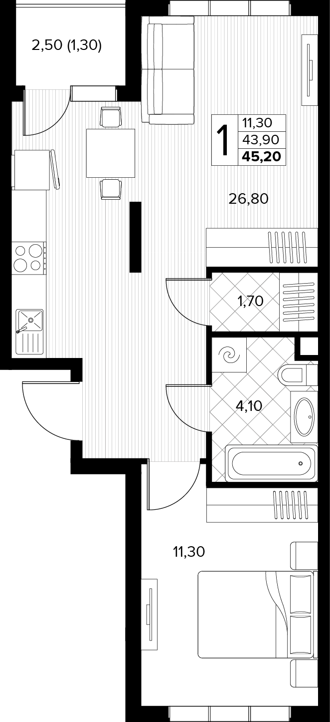 Планировка 1-комнатная 45,2 м²