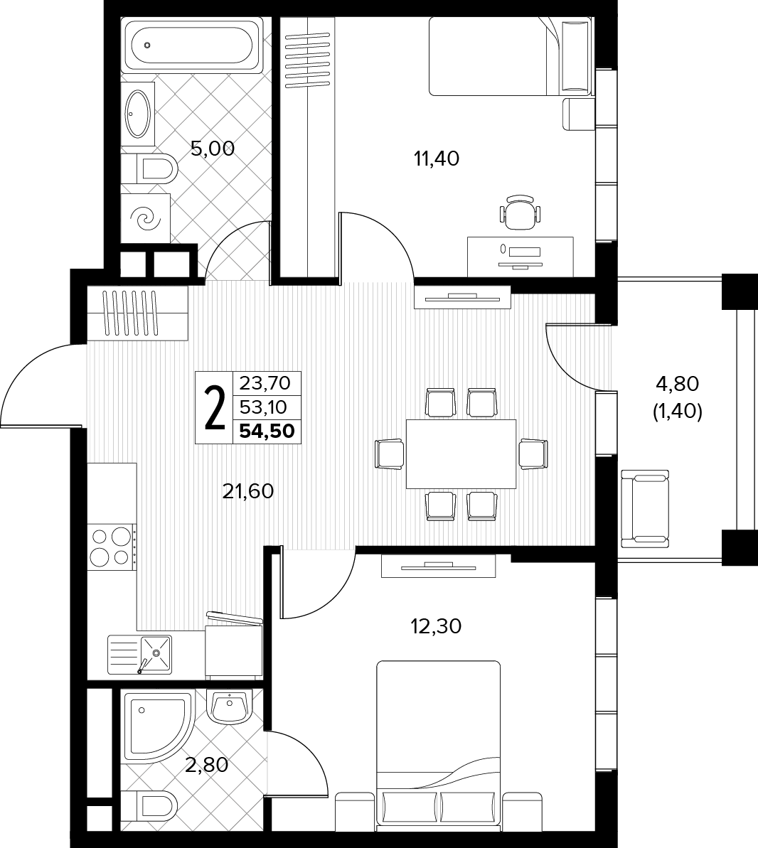 Планировка: 2-комн. квартира 54,5 м²