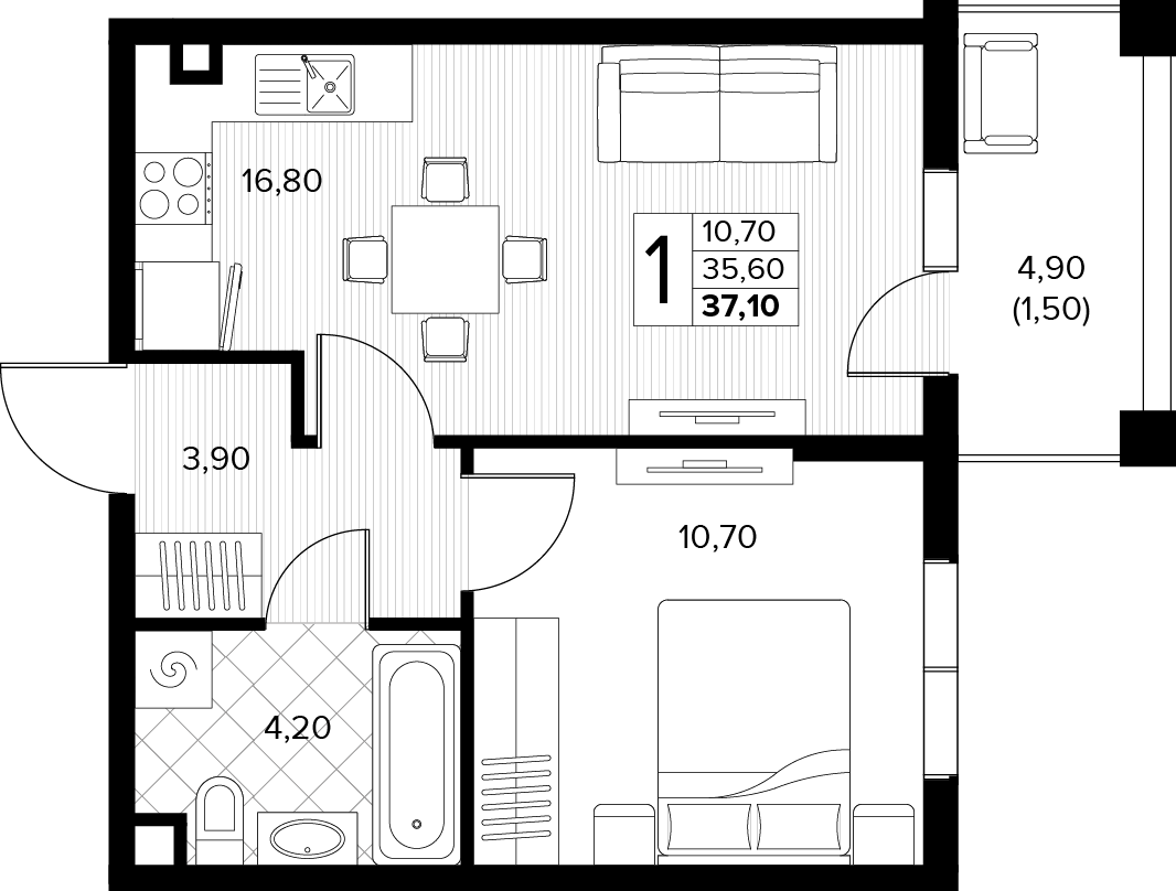 Планировка 1-комнатная 37,1 м²