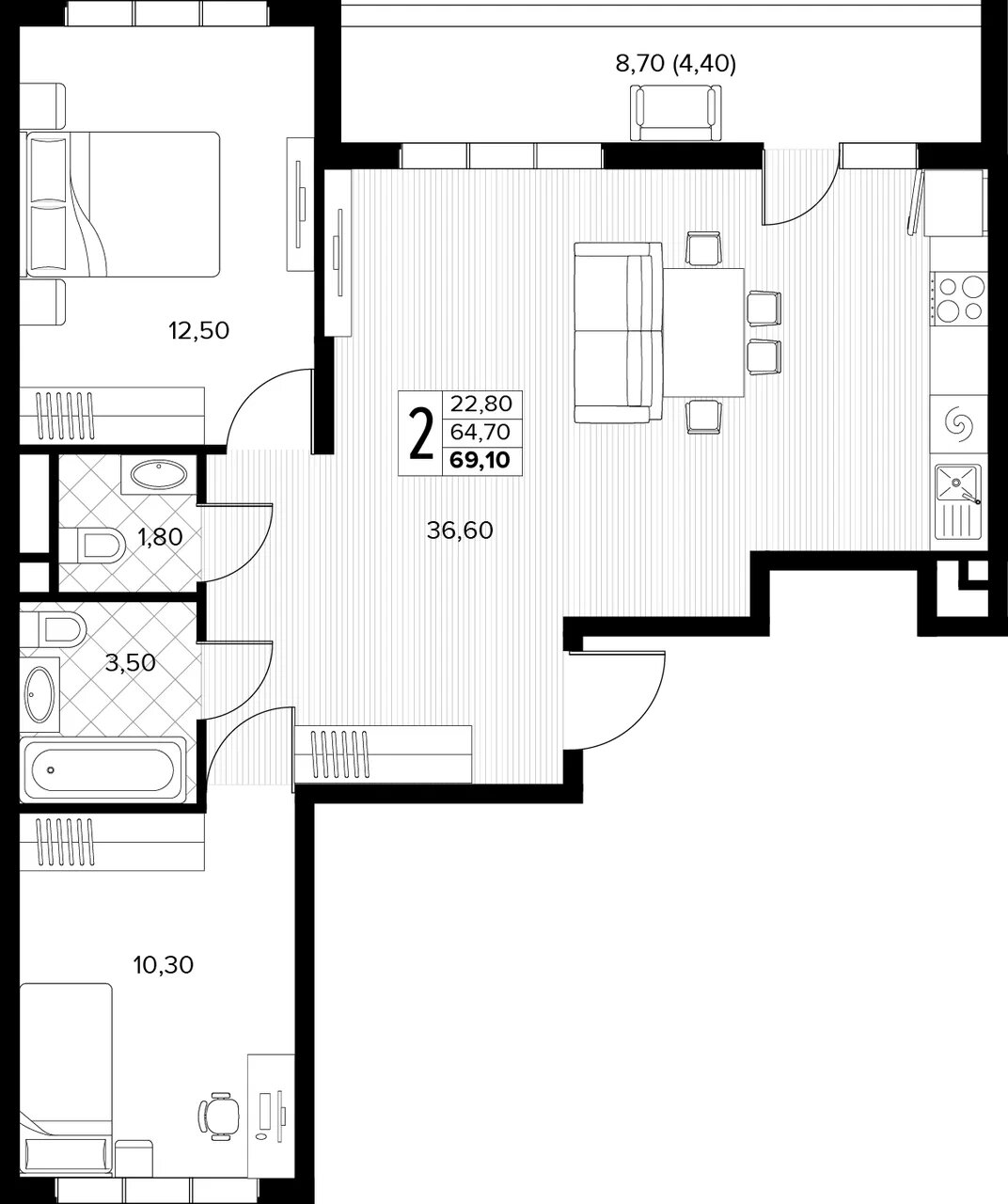 Планировка: 2-комн. квартира 69,1 м²