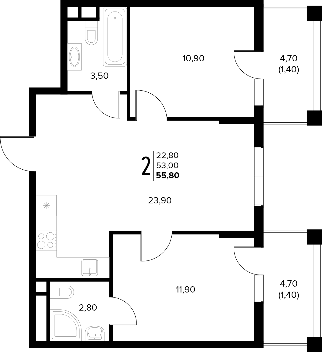 Планировка: 2-комн. квартира 55,8 м²