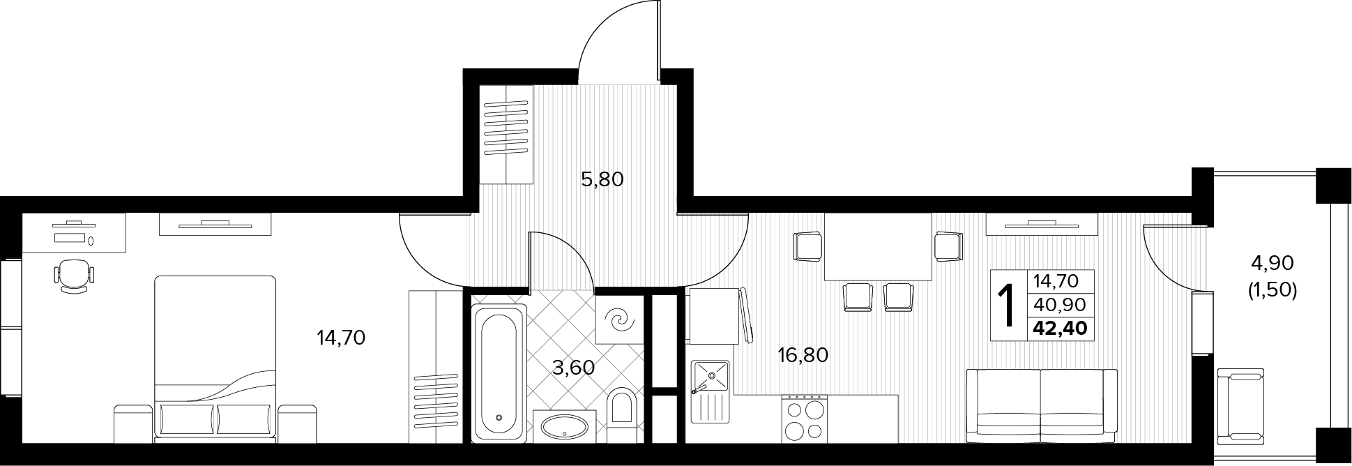 Планировка 1-комнатная 42,4 м²