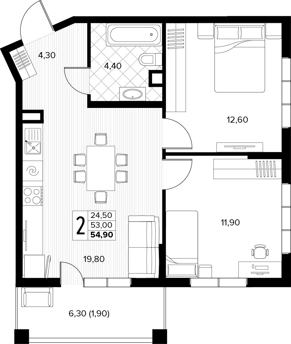 Планировка: 2-комн. квартира 54,9 м²