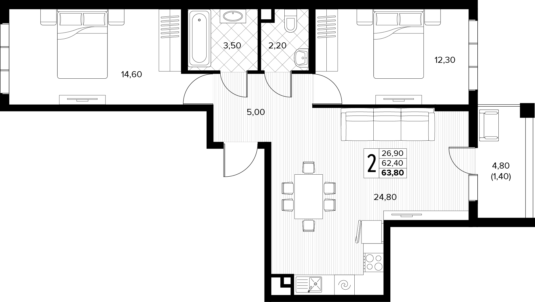 Планировка: 2-комн. квартира 63,8 м²