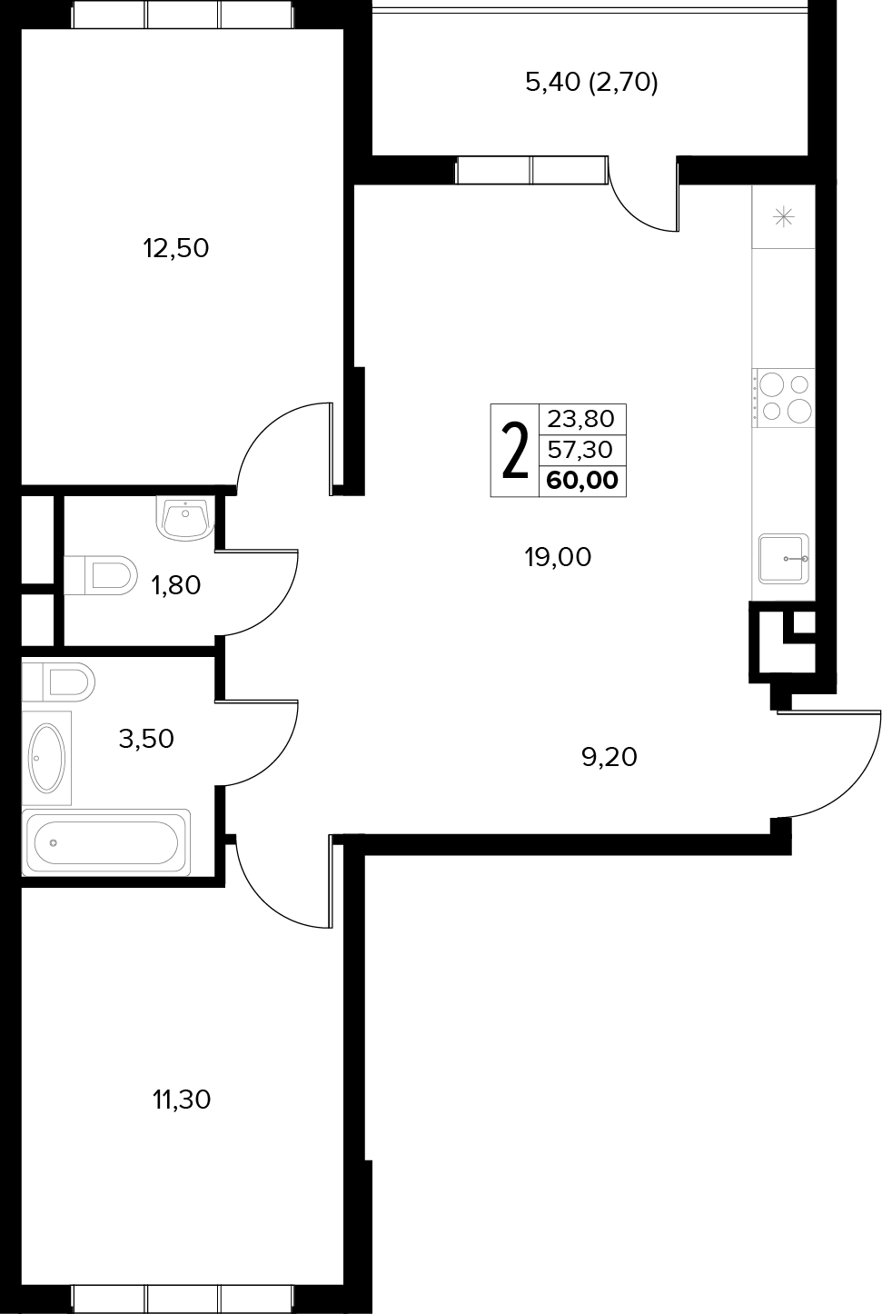 Планировка: 2-комн. квартира 60 м²